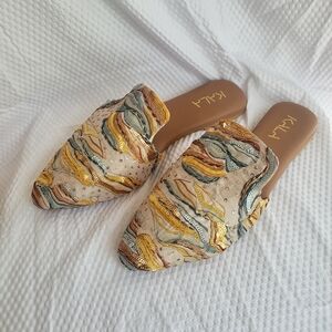 Boutique Silk Multicolor Embroidered Mules Flats Sz 10 New